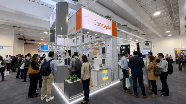 Visitantes y equipos de laboratorio en un stand de Concepta